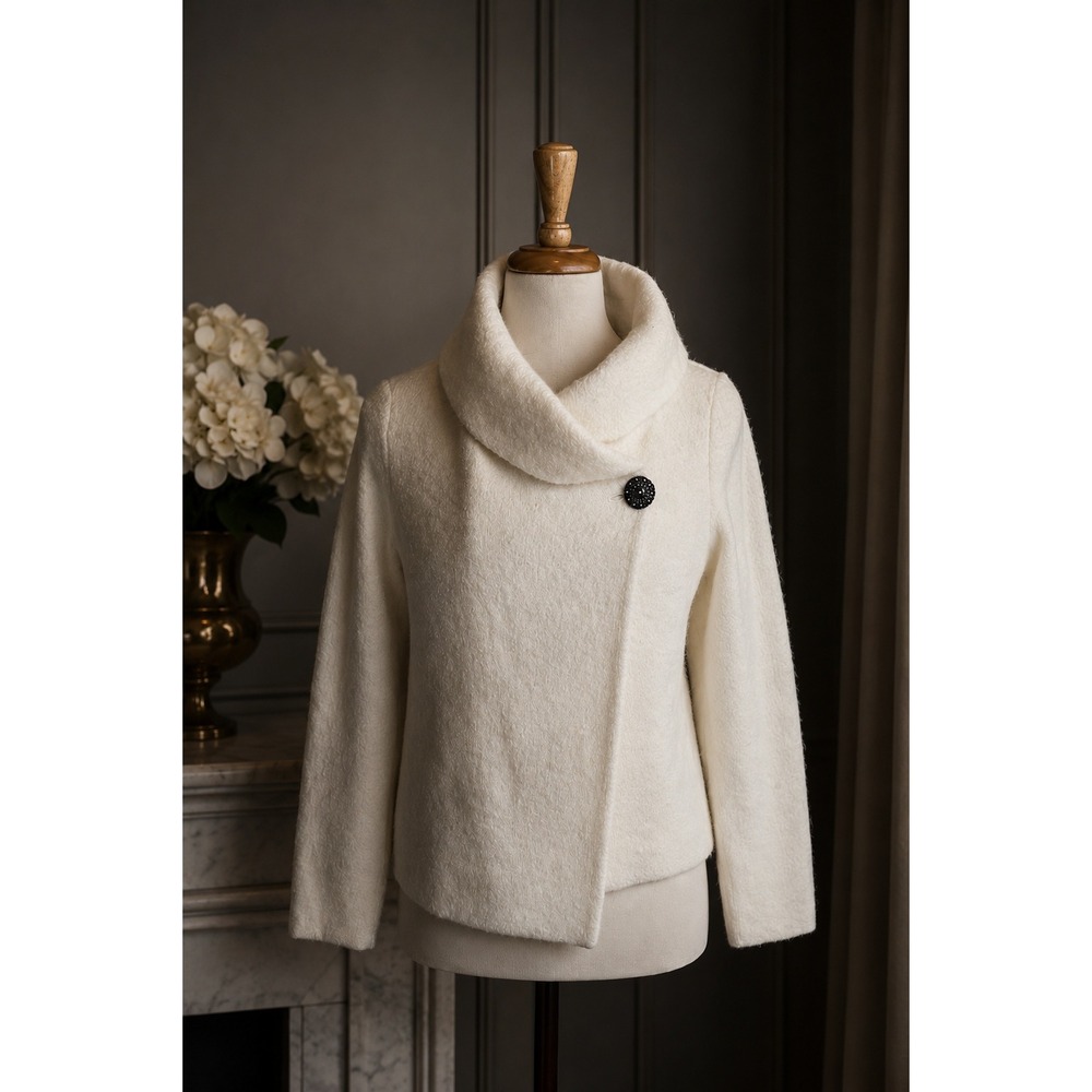 Ivory Boucle Coatigan Quiet Luxury Funnel Neck Asymmetrical Sweater Coat L